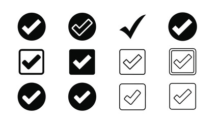 Collection of black and white checkmark icons in circles and squares © Tm Studio
