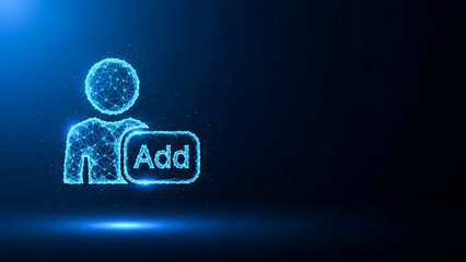Futuristic Glowing Add Button with Human Icon on Dark Blue Background