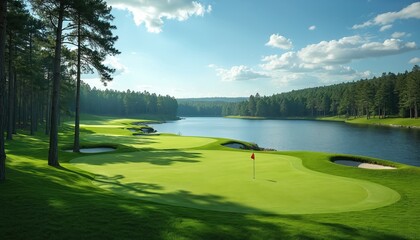 Rich green golf course with manicured fairways, bunkers set beside calm lake under bright blue sky with scattered clouds. Tall pine trees border course, casting shadows on vibrant grass. Red flag