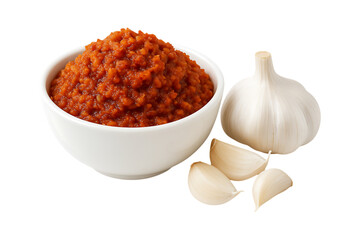 Spicy Garlic Chutney Sauce in Bowl with Fresh Cloves Isolated on a Transparent Background