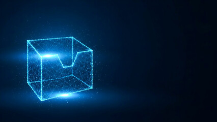 Futuristic Glowing Cube with Wireframe Structure Floating in Dark