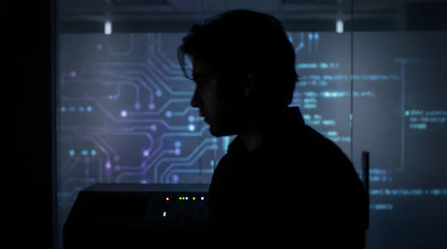 Silhouetted figure in front of illuminated digital circuitry interface - Powered by Adobe