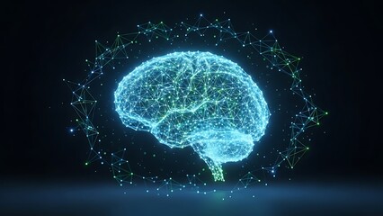 Glowing blue brain with network connections and dots on dark background