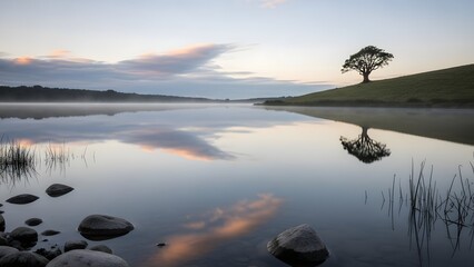 Serene lake at sunset with a lone tree on the shore