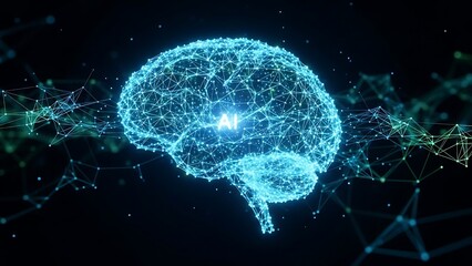 Glowing blue neural network brain with AI concept on dark background with connections