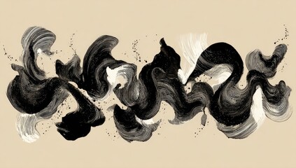 Abstract brushstrokes in swirling black and white hues, layered on a beige background, creating a dynamic effect