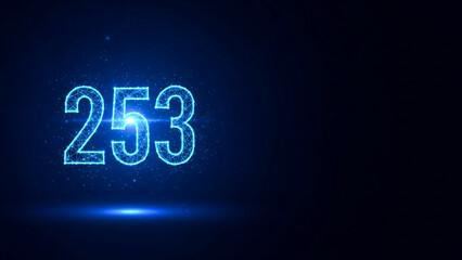 Futuristic Glowing 253 Numbers on Dark Blue Background with Light