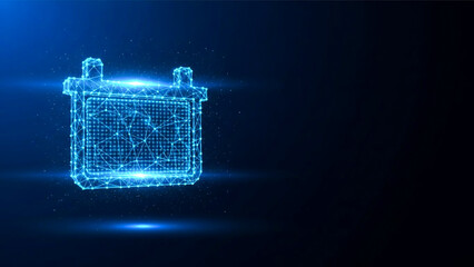 Futuristic Glowing Battery Icon with Blue Wireframe Design on Dark