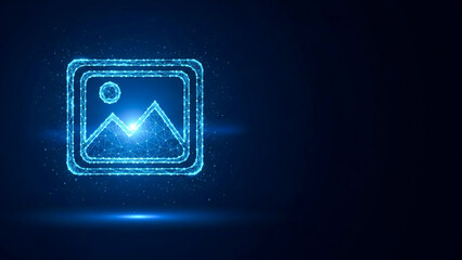 Futuristic glowing digital image frame with mountain silhouette and