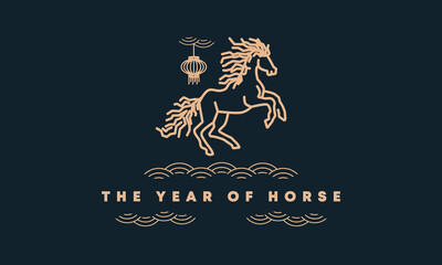 Greeting the Year of Horse, ornament for Imlek background banner concept with Golden Horse and Lanterns decoration