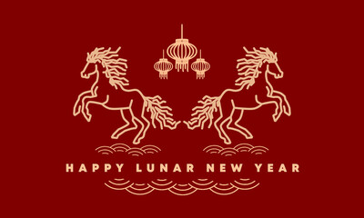 Happy Lunar New Year Greeting with Golden Horses and Lanterns