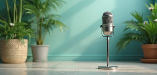 Vintage microphone in a modern setting with green plants and a teal wall. Offers a fresh, inviting atmosphere for audio recording or broadcasting needs. Ideal backdrop for podcasts or voiceovers.