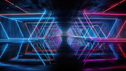 Futuristic tunnel with triangular neon lights creating a vibrant, reflective, and glowing interior