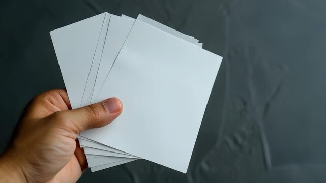 Video A person holding a stack of white cards with a thought-provoking expression