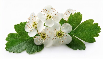 hawthorn blossoms and leaves isolated on white simple foliage