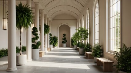Elegant arched hallway with classic columns and lush greenery in a luxurious setting