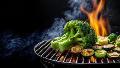 intense heat searing fresh green vegetables on a hot iron grill grate capturing the energetic meeting of fire and cool ingredients macro vegetable sear