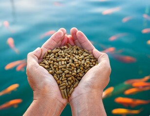sustainable fish farming concept with hand holding fish feed pellets over outdoor aquaculture facility with water and fish in background