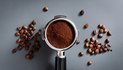 top view of coffee grounds from espresso machine on gray background