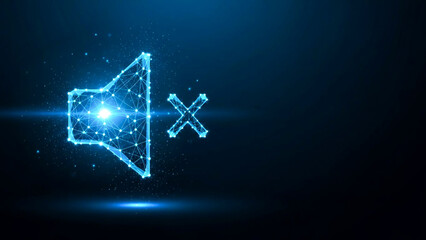 Futuristic Glowing Speaker Icon with Cross Symbol on Dark Blue