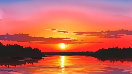 Vibrant sunset over a serene body of water with silhouetted land