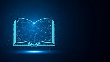 Futuristic Glowing Open Book with Network Lines on Dark Blue