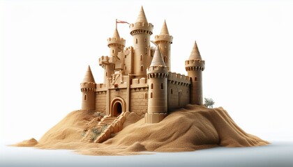 a detailed sandcastle sits alone on a clean white background showcasing intricate design small creation beach