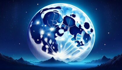 a serene deep blue night sky illuminated by the subtle glow of a large abstract full moon celestial body and indigo tones create a peaceful atmosphere fantasy satellite serene