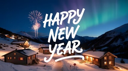 Happy New Year text overlay in snowy mountain village with aurora borealis and fireworks in warm cozy lighting for greeting cards