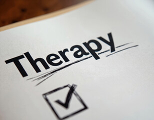 Paper shows word therapy with a checkmark in a box. Represents mental health support or treatment options for wellness. Planning care for healing.