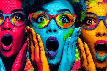 Obraz premium Pop art vibrant illustration. Three vividly colored faces with expressions and rainbow glasses energetic, pop-art, conveys shock, joy, playful surprise in bold visual harmony.