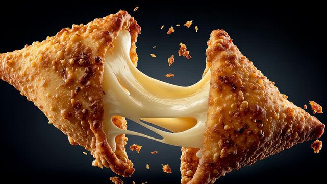 A close up of a cheese filled pastry with a bite taken out of it. The pastry is a triangular shape and is covered in cheese