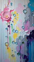 ethereal abstract mixed media painting with dripping textures floating droplets and soft pastel color fields