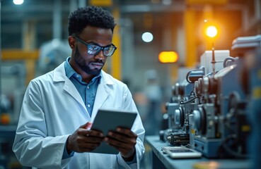 African man in lab coat uses tablet computer at factory assembly line. Technician works with machinery and equipment, checks data on screen. Engineer manages production process in industrial plant.