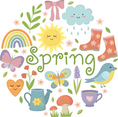 Spring round banner with sun, cloud, rainbow, flowers, bow, watering can, cup, bird, rubber boots. Cute illustration with seasonal elements