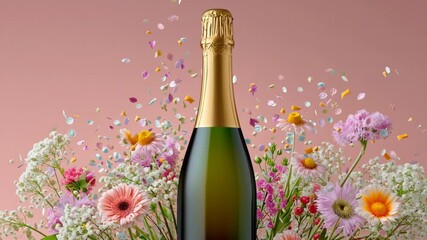 A bottle of champagne is surrounded by a bunch of flowers. The bottle is green and has a gold cap. The flowers are pink and white and are scattered around the bottle. Concept of celebration and joy - Powered by Adobe