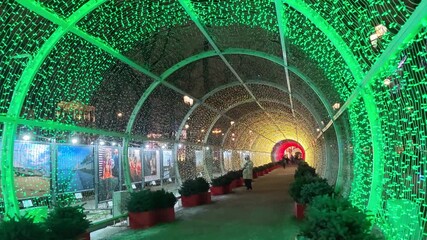 Light tunnel moving effect in Moscow night editorial. Moscow, Russian Federation - 24 Dec 2025