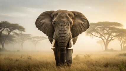 Fototapeta premium Majestic African Elephant with Large Tusks in Misty Landscape