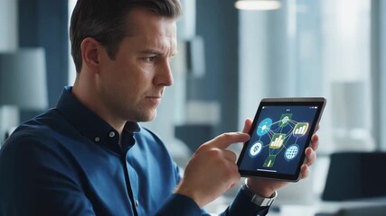 Focused businessman utilizing a digital tablet to manage data and operations in a modern office - Powered by Adobe