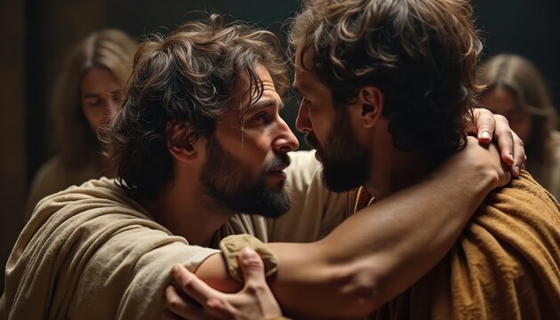 Two men embrace tenderly showing reconciliation and forgiveness. Biblical scene depicts reunion after hardship. People reconnect, mending strained family ties with understanding and compassion.