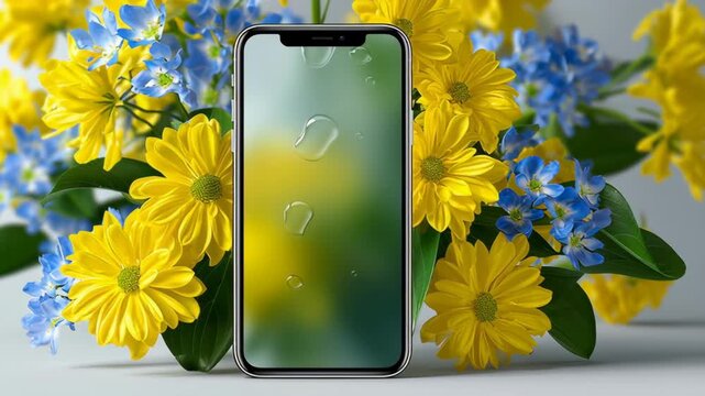 A cell phone is sitting in front of a bouquet of yellow and blue flowers. The flowers are arranged in a vase and are placed on a table. The phone is showing a blurry image of a heart