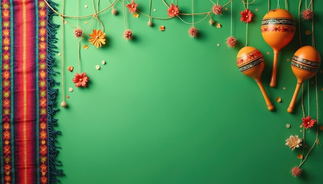 Mexican maracas and striped sarape blanket hang on green background. Festive flowers and pom-poms create a celebratory Cinco de Mayo party scene. Bright, colorful, and vibrant holiday decor.