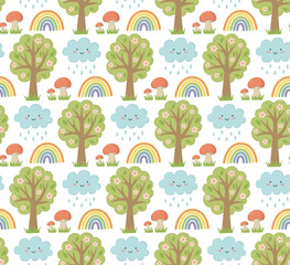 Seamless pattern with trees, mushrooms, rainbows and rain clouds. Background with spring elements