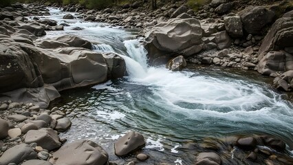 Serene river flowing through rocky terrain with whitewater rapids and boulders
