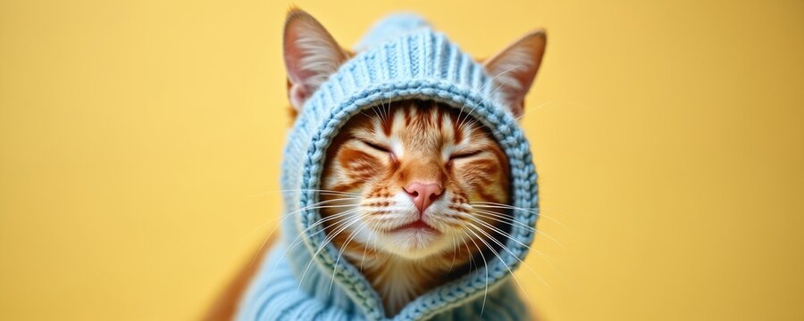 Ginger cat wearing blue knitted hoodie, eyes closed, relaxed face. Cute pet isolated on bright yellow studio background. Adorable feline with cozy warm sweater. - Powered by Adobe