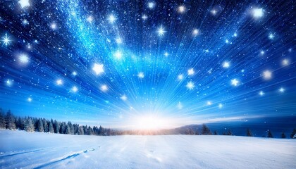 Sparkling Blue Stardust Falling Over Snowy Landscape With Bright Light