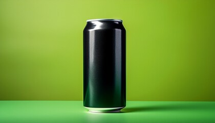 blank black soda can on a lime green background