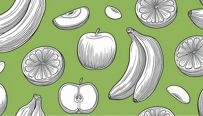 hand drawn seamless pattern of fruits with apples bananas and citrus slices on green background creating fresh and natural feeling in black and white line art style