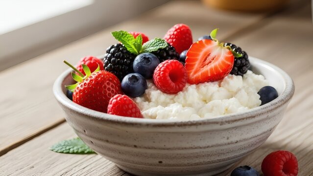 Delicious oatmeal bowl with fresh berries on rustic wooden table for World Quark Day