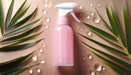 sleek pink spray bottle with a white pump rests on a shimmering beige surface surrounded by water droplets and tropical palm leavesmevoking freshness hydration and spa elegance